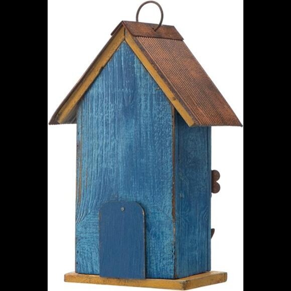 Distressed Decorative Solid Wood Birdhouse, 10.25 Inch Tall, Blue - Picture 4 of 8